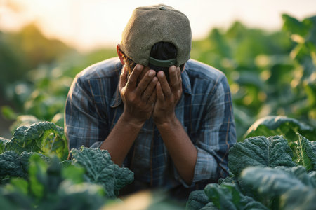 A farmer in a cap hides his face while surrounded by green crops, a clear sign of the immense pressure and mental health struggles in the agriculture sector.の素材