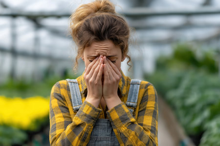 A young woman in a greenhouse covers her face in despair, showing the mental health struggles and burnout associated with demanding manual labor jobs.の素材