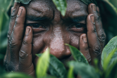 Close-up of a dark-skinned male worker, his face etched with worry and fatigue, peering through leaves, showing the hidden mental health toll of manual labor.の素材