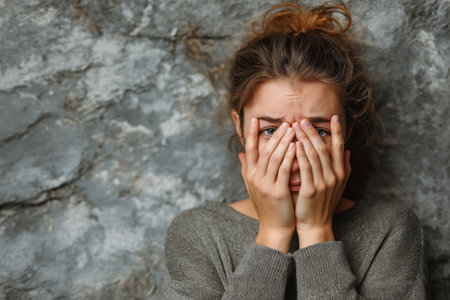 A frightened young woman covers her face with her hands while standing against a rough stone wall, illustrating feelings of anxiety, fear, and isolation.の素材