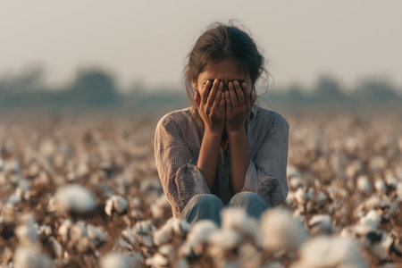 In a vast cotton field, a desolate worker hides her face, a poignant depiction of the mental health crisis and stress inherent in manual farm labor.の素材