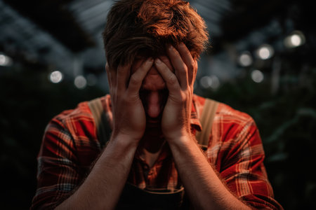 A man in a dark, atmospheric greenhouse is overwhelmed by emotion, illustrating the severe mental health consequences of high-stress manual labor.の素材