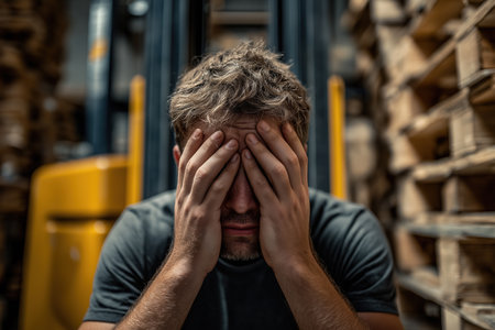 A man sits in a warehouse, head in hands, clearly suffering from burnout and the mental health pressures of a demanding logistics or manual labor job.の素材