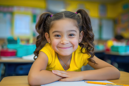 A happy and adorable elementary school student with pigtails is ready to learn. The colorful classroom background highlights a positive learning environment.の素材