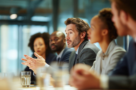 A focused middle-aged businessman gestures with his hands as he speaks to his diverse team during a serious discussion in a modern conference room.の素材
