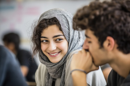 A smiling young woman wearing a hijab listens and talks with a male classmate, sharing a friendly and positive interaction during a lesson in school.の素材
