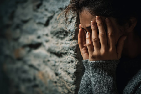 A profile view of a woman in deep thought and emotional pain, her hand to her forehead as she leans on a wall, depicting a private mental health struggle.の素材