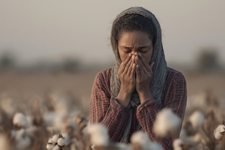 A woman wearing a headscarf in a cotton field is visibly distressed, her dirty hands covering her face, illustrating the harsh realities of manual labor.の素材