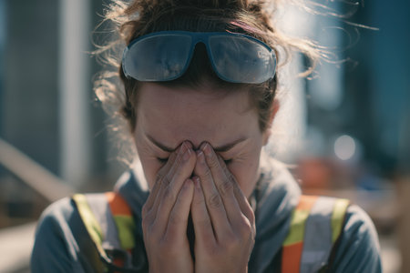 Close-up of a tired female construction worker rubbing her eyes, her face etched with the strain of manual labor and the impact of workplace stress on her well-being.の素材