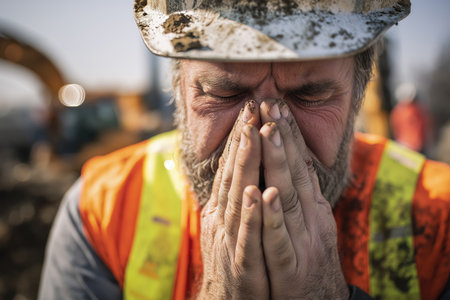 Close-up of a construction worker, his face and hard hat covered in dirt, his hands clasped together in prayer, seeking a moment of peace from job stress.の素材