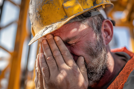 An older construction worker with a beard and hard hat is visibly in pain, his eyes squeezed shut, highlighting the severe mental and physical stress of his job.の素材