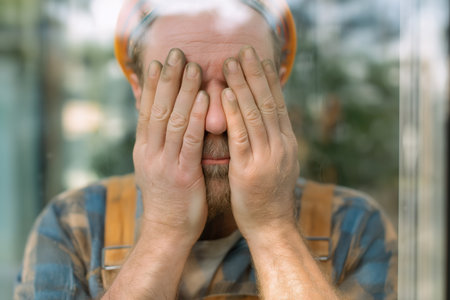 A male construction worker in a hard hat, his face dirty, is seen through a window, symbolizing his isolation and the mental barriers caused by workplace stress.の素材
