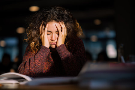 A tired and frustrated young woman with curly hair sits at a desk in a dark room, her head in her hands, feeling the pressure of studying and deadlines.の素材