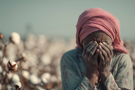 An elderly worker with a head wrap, her face etched with sorrow, hides her face in a field, a stark portrayal of poverty, manual labor, and mental distress.の素材