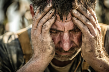 An intense close-up of a man's face, dirty from hard labor, his hands clutching his head in a moment of utter desperation and mental health crisis.の素材