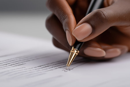 A detailed macro shot of a Black woman's hand with a neat manicure, holding a classic black and gold pen to sign her name on a contract or agreement.の素材