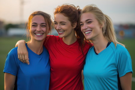 A group of diverse and beautiful women athletes celebrates their friendship and teamwork. A redhead, a blonde, and a brunette smile together on a sports field.の素材