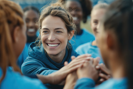 A smiling female coach or captain motivates her team, stacking hands with her players in a huddle before a game, showing unity and teamwork.の素材