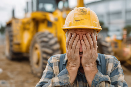 An older manual laborer in a hard hat stands before a large bulldozer, his face hidden in his grimy hands, a symbol of being crushed by workplace pressure.の素材