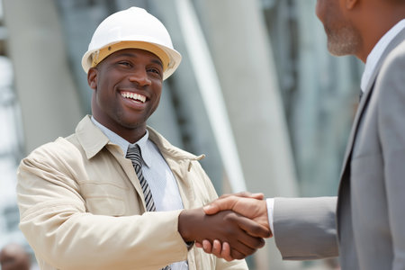 A smiling black engineer or construction manager in a white hard hat shakes hands with a business partner, finalizing a deal on a construction site.の素材