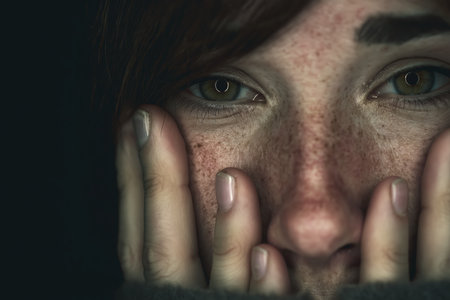 An intense close-up of a woman's eyes, full of fear, as she peers through her fingers in a dark environment, symbolizing anxiety, paranoia, and trauma.の素材