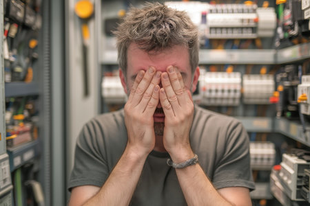 A male electrician sits in front of a complex electrical panel, his head in his hands, stressed and mentally fatigued by the complexity and pressure of his work.の素材