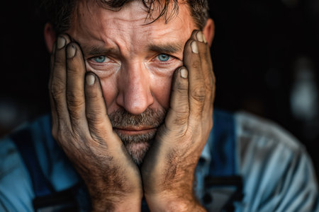A piercing close-up of a manual laborer's face, his blue eyes filled with sadness and exhaustion, his dirty hands framing his face, showing deep mental anguish.の素材