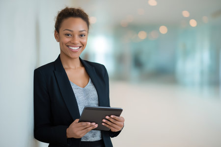 A happy and successful young black businesswoman in a suit leans against a wall in a modern office, smiling at the camera while holding a digital tablet.の素材