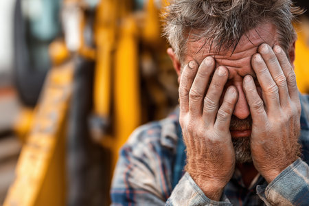 A man with a dirty face and plaid shirt sits in front of a tractor, his head in his hands, completely drained by the stress and long hours of farm labor.の素材