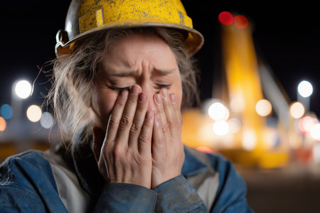 A woman in a hard hat at a construction site at night, her face illuminated by lights as she succumbs to the stress and exhaustion of her demanding manual labor job.の素材