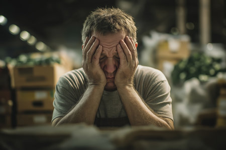 A man in a warehouse environment, surrounded by boxes, sits with his head in his hands, completely overwhelmed by the stress and demands of his manual labor job.の素材