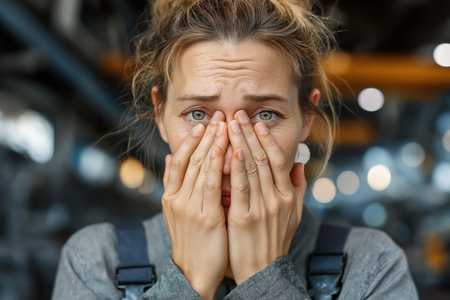 A close-up of a woman in a factory, her eyes welling up with tears as she covers her face, showing the emotional breaking point of workplace stress and burnout.の素材