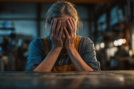 An older woman with graying hair sits at a table in a workshop, head in her hands, tired and stressed from the lifelong demands of her manual craft.の素材