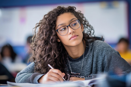 A pensive young woman with curly hair and glasses looks away thoughtfully while taking notes, concentrating during a lecture or exam in a classroom.の素材