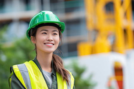 A hopeful and positive young Asian woman, an engineer or architect, wearing a green hard hat and safety vest, smiles while looking away on a construction site.の素材