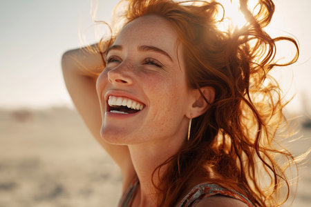 A joyful young woman with beautiful red hair and freckles laughs with pure happiness, her eyes closed and hand in her hair, enjoying a sunny day outdoors.の素材