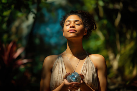 A peaceful young mixed-race woman with her eyes closed holds a crystal ball, meditating and connecting with nature in a beautiful, sunlit jungle or forest.の素材