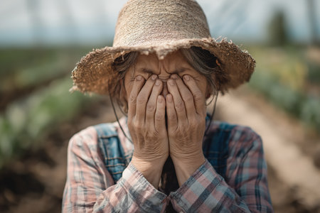 An older woman farmer, her face etched with wrinkles of worry, covers her face in a field, a poignant symbol of the mental health struggles in agriculture.の素材