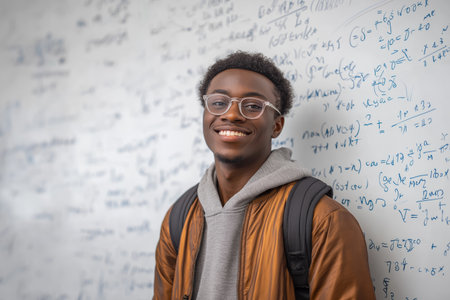 A confident and intelligent young black male student with glasses and a backpack smiles at the camera, standing in front of a whiteboard covered in formulas.の素材