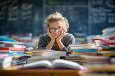 A tired, bored young woman wearing glasses rests her head on her hands at a desk, feeling stressed from studying with countless books piled high around her.の素材
