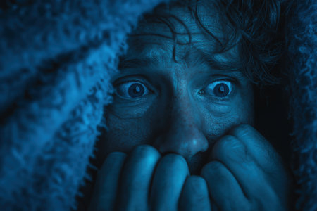 A terrified man is hiding under his covers in the dark, his eyes wide with fear as he peeks out, afraid of a nightmare or something spooky in his room.の素材