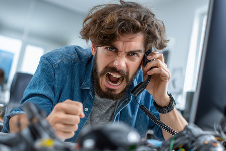 An infuriated IT support worker with messy hair and a beard screams in rage into a telephone receiver, clenching his fist, frustrated with a technical problem.の素材