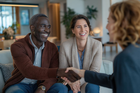 A smiling and diverse couple, a black man and a white woman, are shaking hands with a consultant or agent, closing a deal while sitting on a sofa.の素材