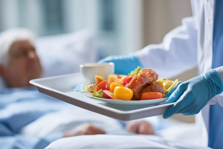 A healthcare worker's gloved hands hold a tray with a nutritious meal of chicken and vegetables, serving it to an elderly patient resting in a hospital bed.の素材