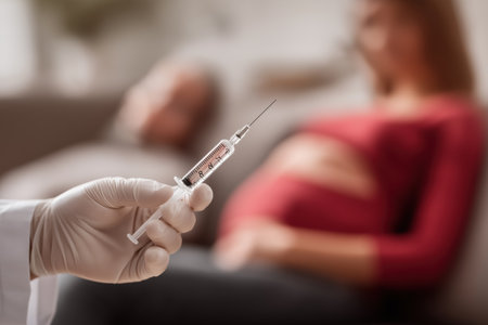 Close-up of a hand in a glove holding a syringe with a clear liquid, preparing to give an injection to a blurred pregnant woman in the background.の素材