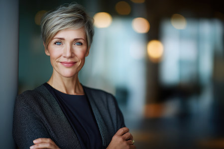 A beautiful and successful middle-aged woman with blue eyes and a slight smile looks at the camera. The blurred office background suggests leadership.の素材