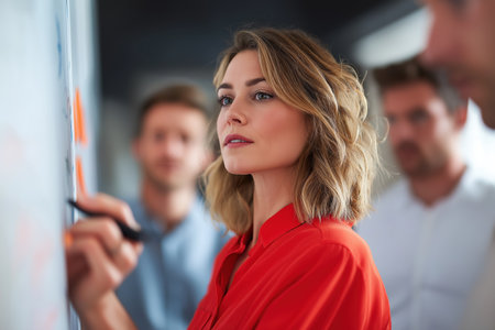 A confident businesswoman in a red shirt leads a meeting, writing her ideas on a whiteboard while her colleagues look on in a modern office environment.の素材