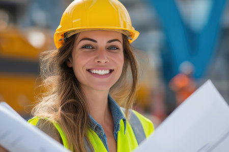 A beautiful and confident female civil engineer or architect in a yellow hard hat and safety vest smiles brightly while reviewing blueprints at a construction site.の素材