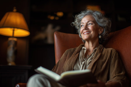 An elegant and content elderly woman with gray hair looks up from her book with a gentle smile. A peaceful image of relaxation, wisdom, and retirement.の素材