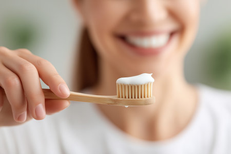 A close-up on a wooden toothbrush, promoting dental hygiene and eco-friendly products. A smiling woman's face is blurred, emphasizing healthy teeth.の素材